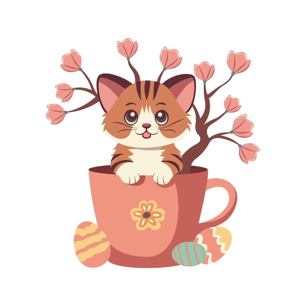 Happy Easter. Illustration of a cute tiger cub with flowers in a cup with Easter eggs on the ground. For postcards, t-shirts. vector