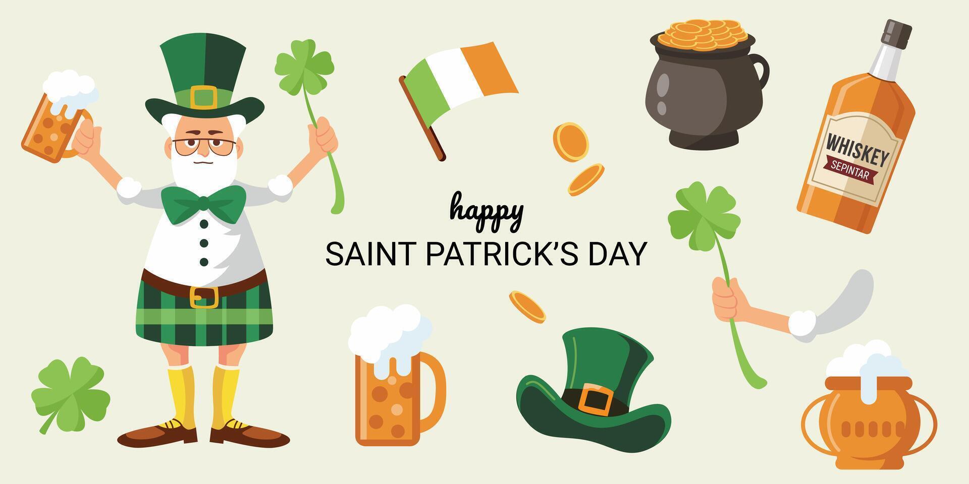 Collection for St. Patrick's Day. Vector set for St. Patrick's Day. Collection with a man in a national skirt, clover, a bottle of whiskey, an Irish flag and beer, a pot with gold coins. Illustrations