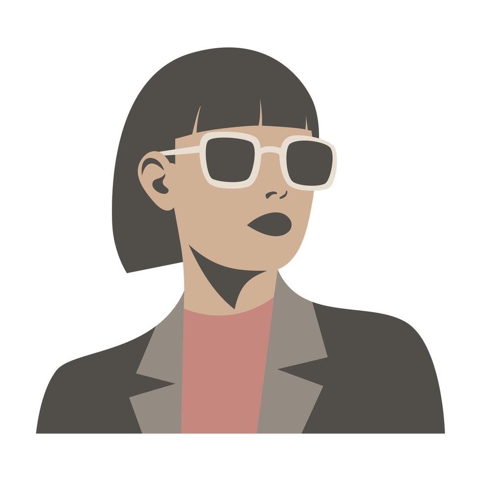 A woman with a bob hairstyle, glasses and dark lipstick looks to the side, wearing a jacket. vector