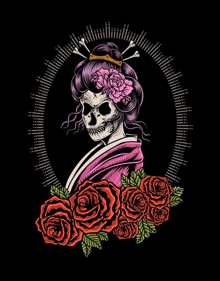 Illustration vector geisha skull  with rose flowers, Tattoo design, vector illustration
