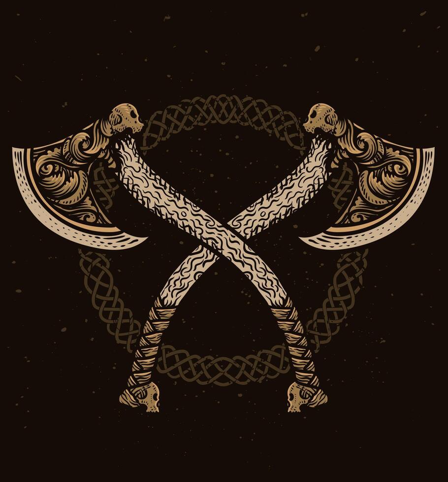 Illustration of two viking axe engraving style, emblem design, Logo design, Vintage design. vector