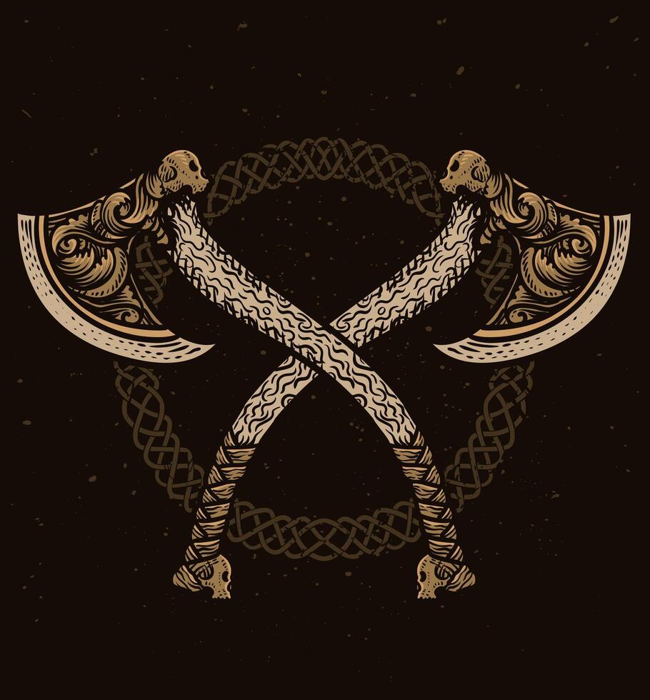Illustration of two viking axe engraving style, emblem design, Logo design, Vintage design. vector