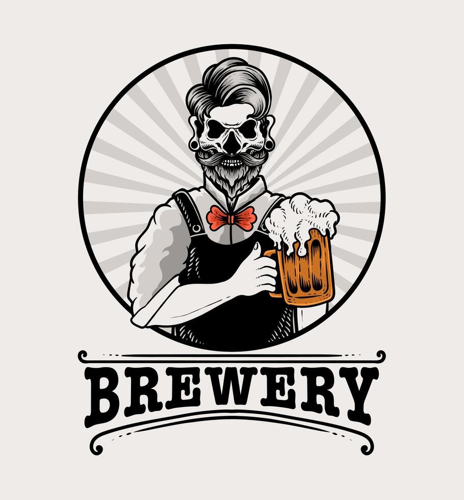 ilustración de hipster cráneo barman participación cerveza vaso, cerveza logo, aislado diseño vectorial ilustración vector