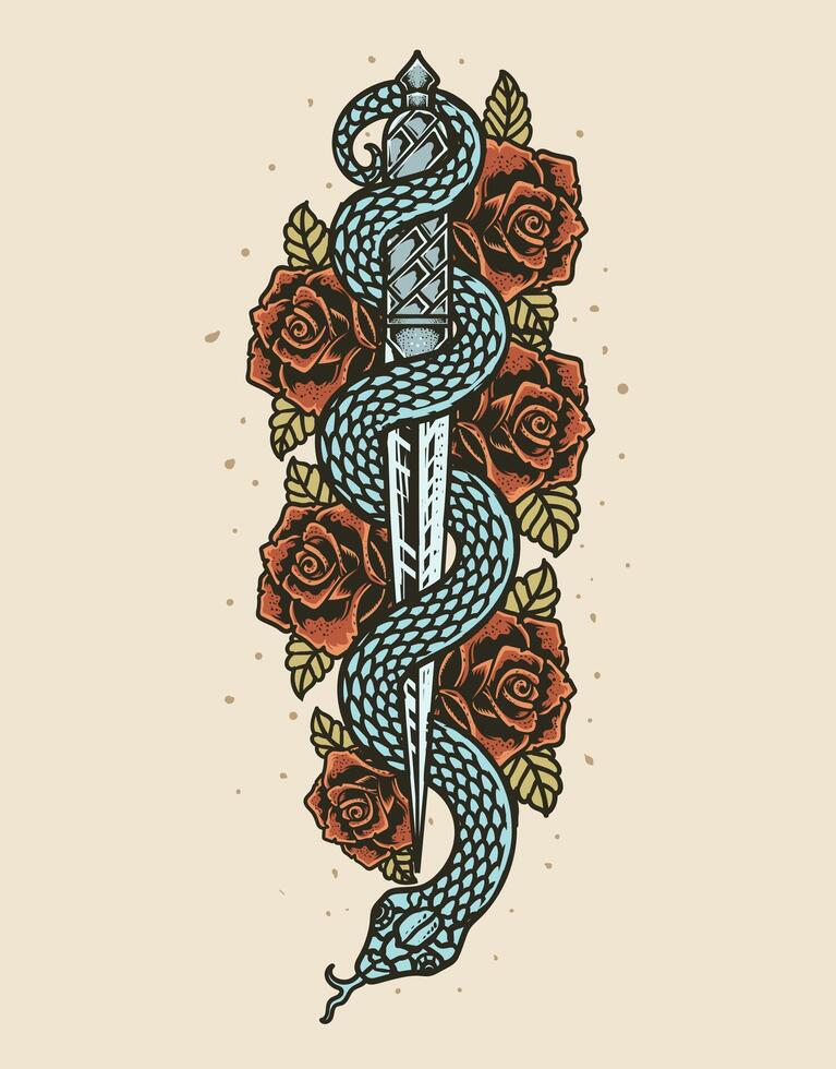 aislado cuchillo con Rosa y serpiente, romántico carne Arte festival póster. rock y rodar música relacionado signo. vector ilustración
