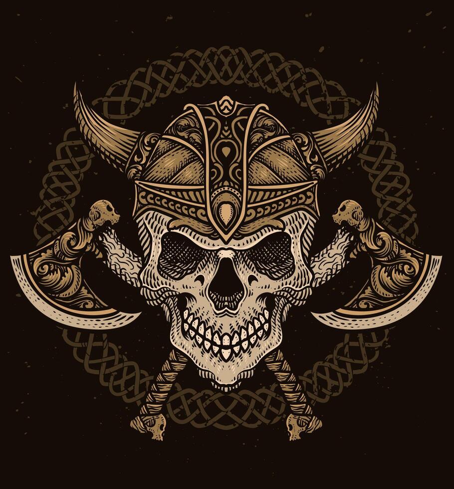 Isolated viking skull head with two ax weapon, T shirt design, Tattoo design, vector illustration