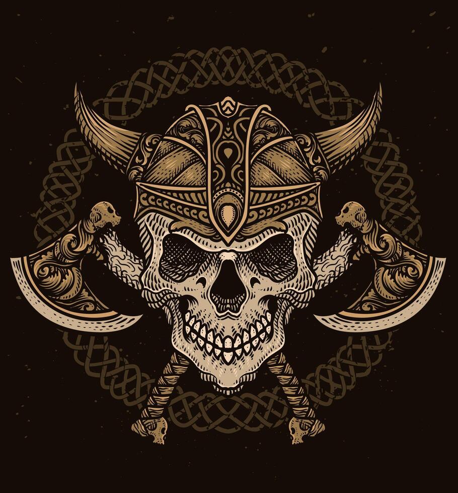 aislado vikingo cráneo cabeza con dos hacha arma, t camisa diseño, tatuaje diseño, vector ilustración