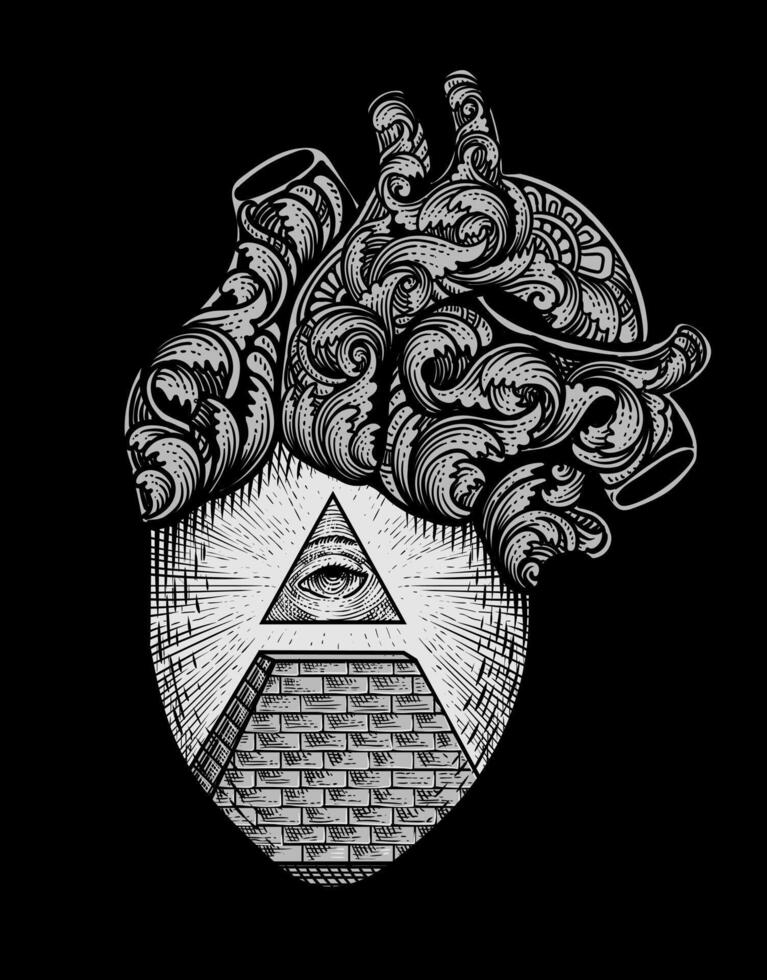 Illustration vector illuminati eye with engraving ornament heart, isolated design, tattoo design, T shirt design, Poster