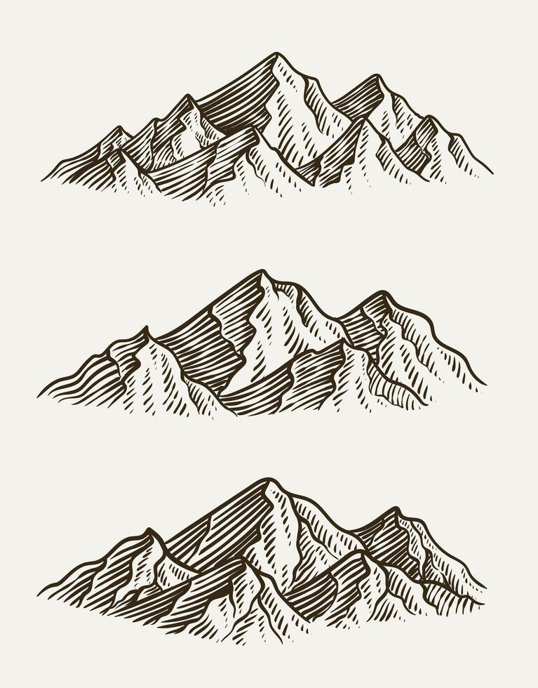 conjunto de montaña Clásico grabado estilo en blanco antecedentes. vector