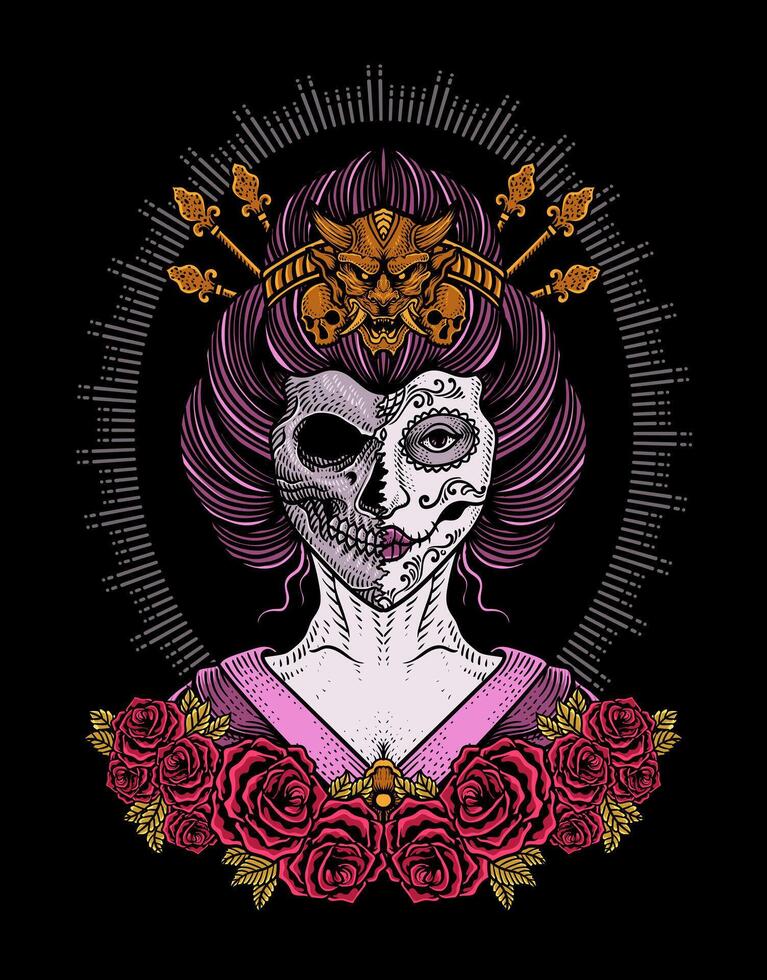Illustration vector geisha sugar skull lady with rose flowers, Tattoo design, vector illustration