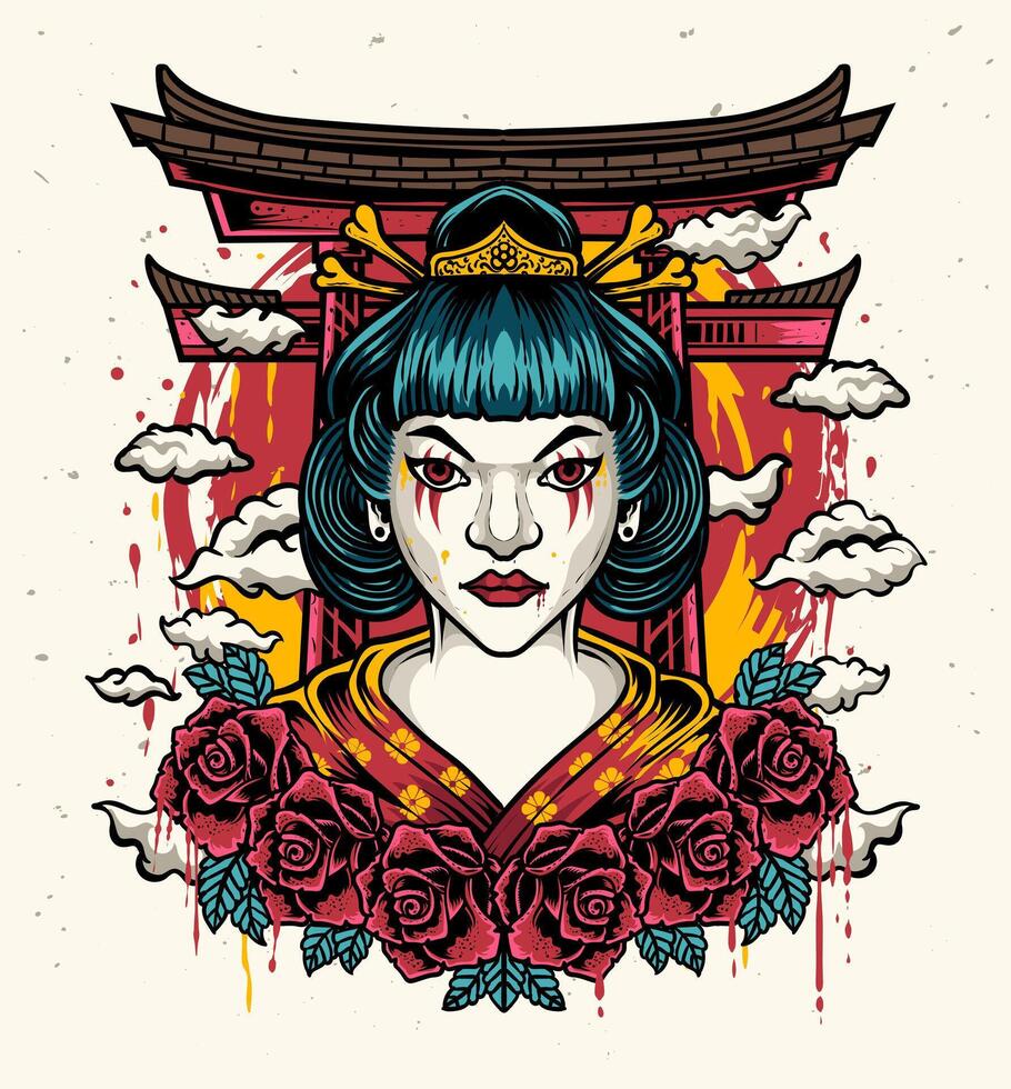 ilustración vector geisha mujer con Rosa flores y torii puerta, aislado diseño, vector ilustración