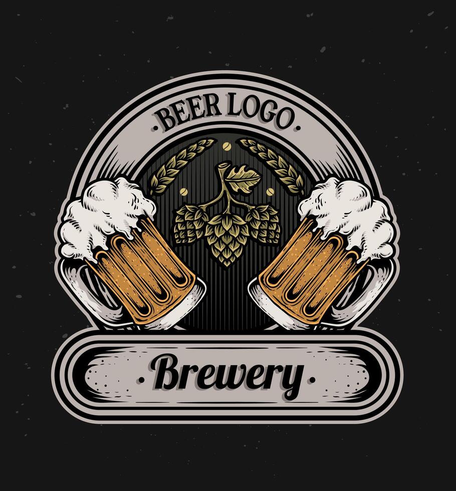 Isolated retro vintage Beer logo, vector illustration beer glass, emblem brewery design on dark background.