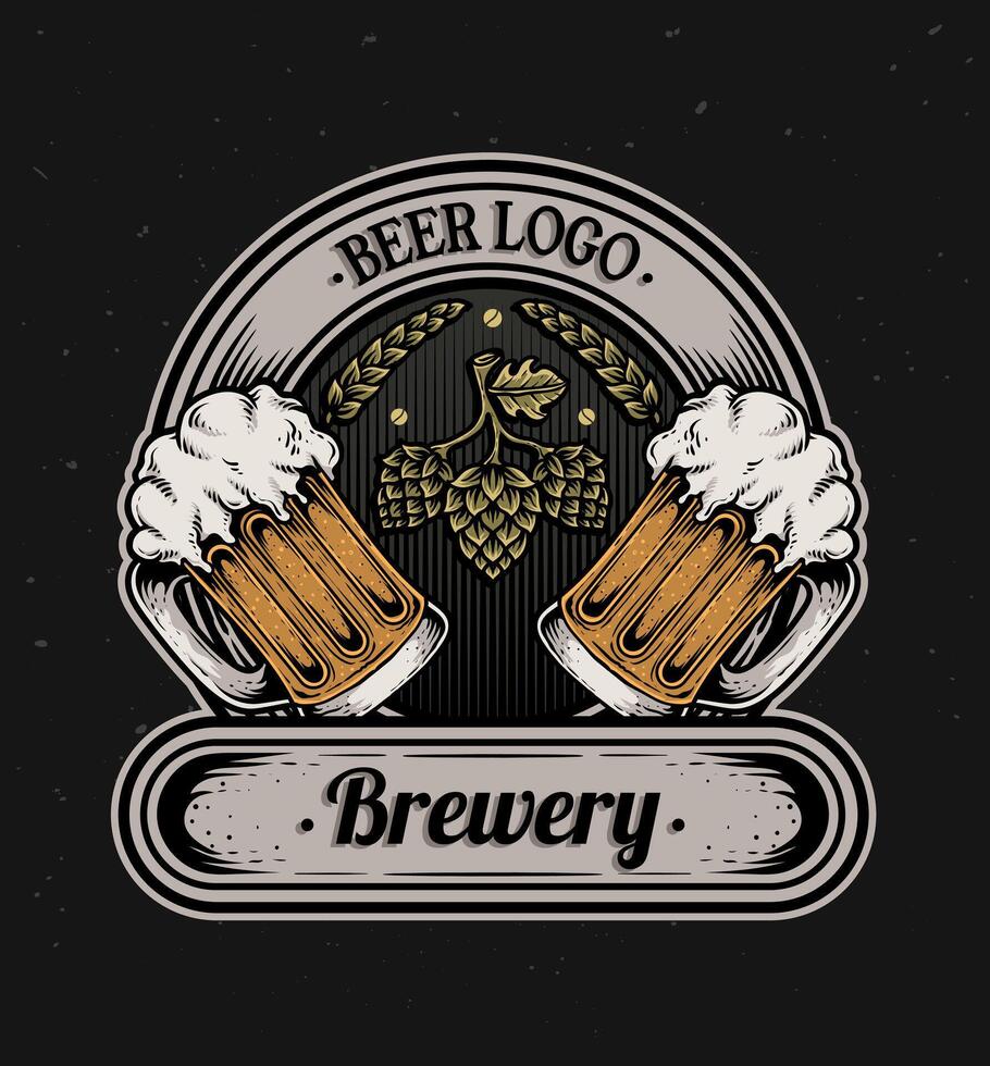 Isolated retro vintage Beer logo, vector illustration beer glass, emblem brewery design on dark background.