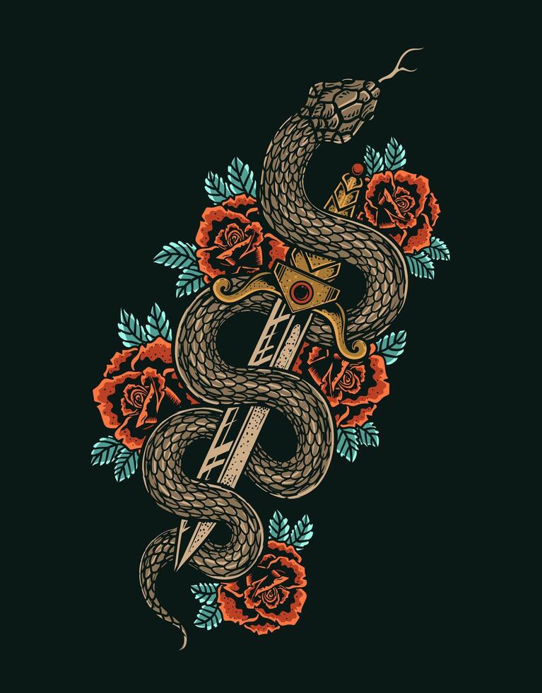 aislado cuchillo con Rosa y serpiente, romántico carne Arte festival póster. rock y rodar música relacionado signo. vector ilustración