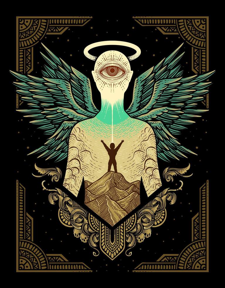 ilustración silueta ángel con el personas en el colina en grabado ornamento, tatuaje diseño, t camisa diseño, póster vector