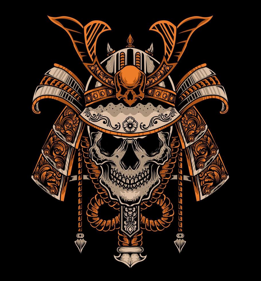 Illustration vector samurai skull head on black background