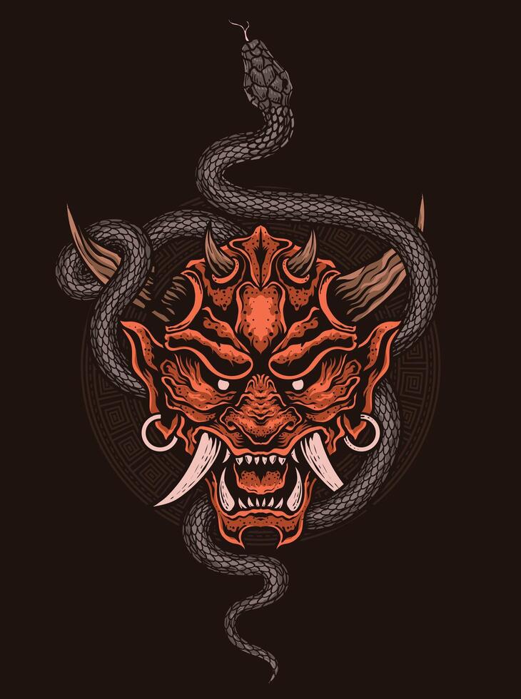 Illustration vector hannya mask, Japanese demon oni mask with snake