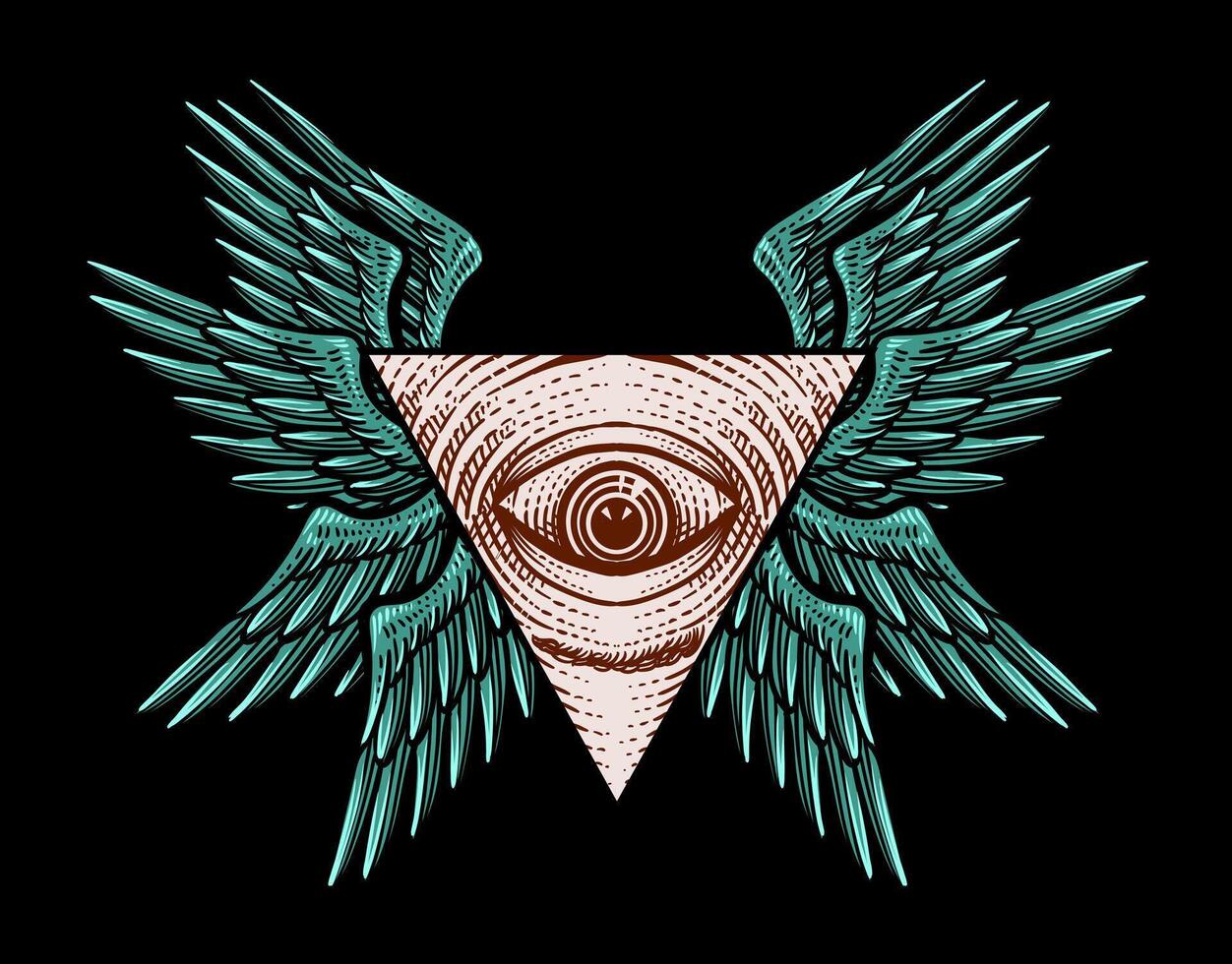 Illustration vector illuminati eye with angel wings, isolated design, tattoo design, T shirt design, Poster