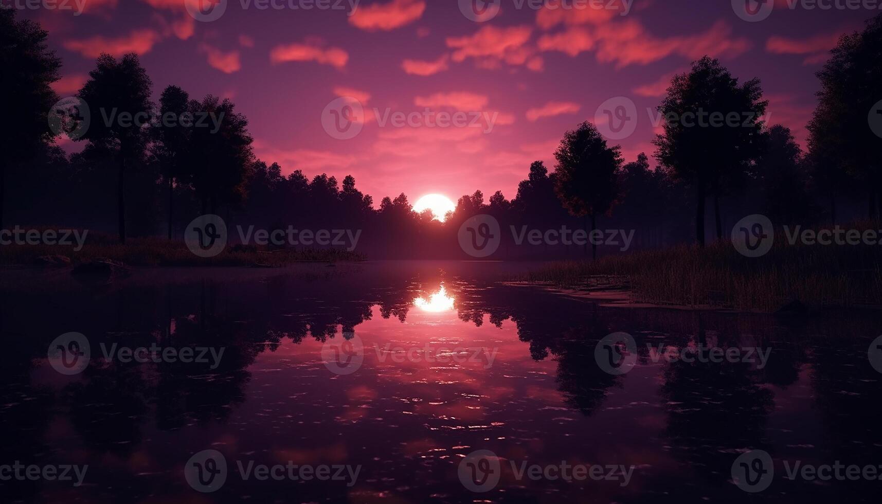 AI generated Tranquil sunset reflects beauty in nature, serene meadow over water generated by AI photo