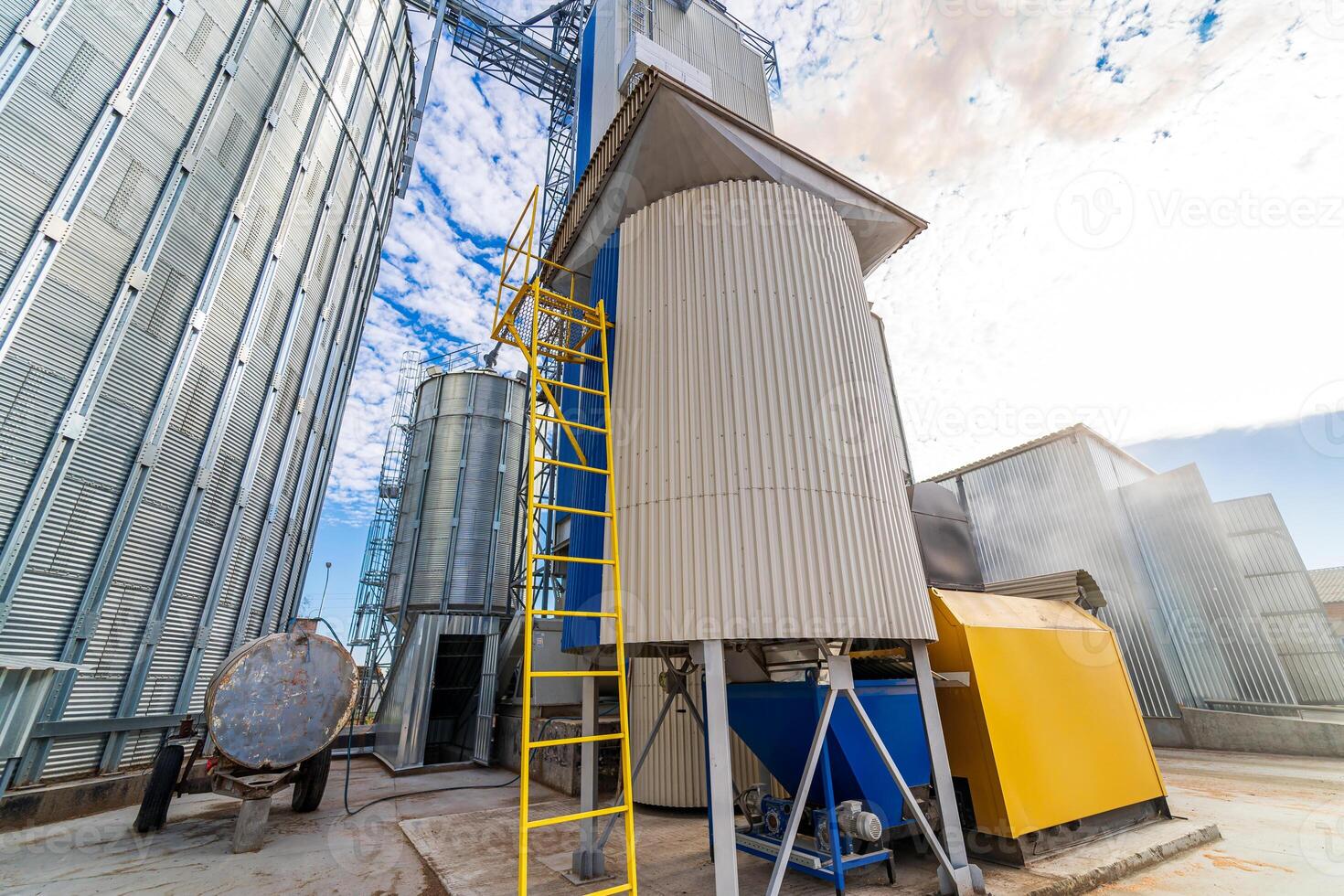 Special steel equipment at grain storage factory. Single item for temporary grain storage. Selective focus. photo