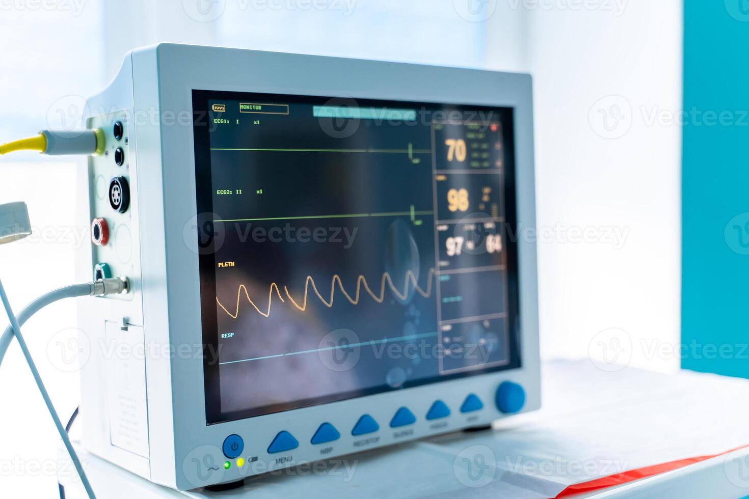 Medical devices. Interior hospital design concept. Interior of operating room in modern clinic, screen with tests. COVID-19 and coronavirus identification. Pandemic. Closeup. photo