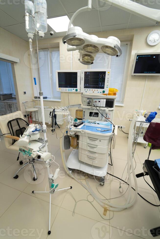 Modern surgery room. Operating theatre. Modern equipment in clinic. Emergency room. photo