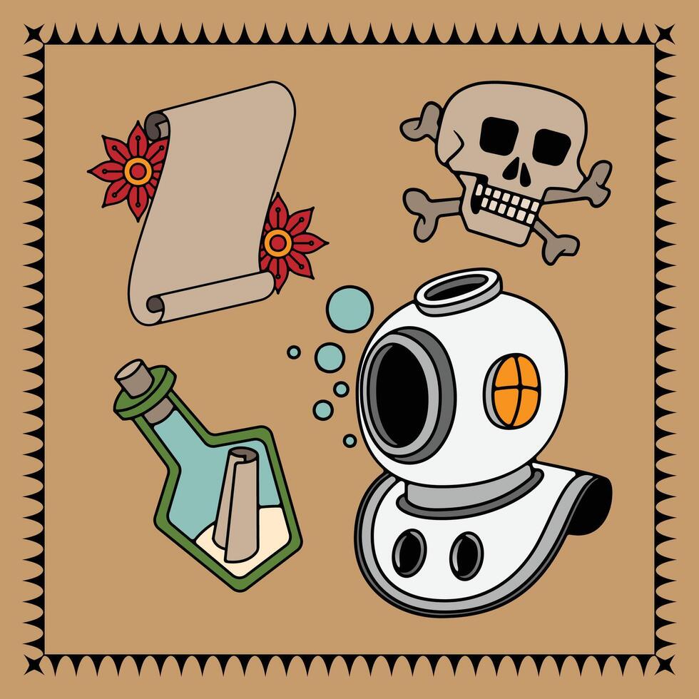 Traditional Tattoo Design of Skull, Scuba Helmet, Rolled Paper and Message in the Bottle vector