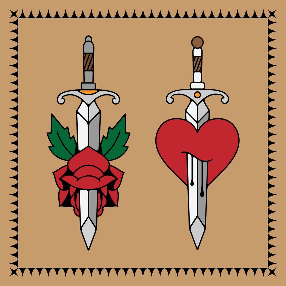 Traditional Tattoo Designs of Heart and a Rose Flower Pierced by a Swords vector