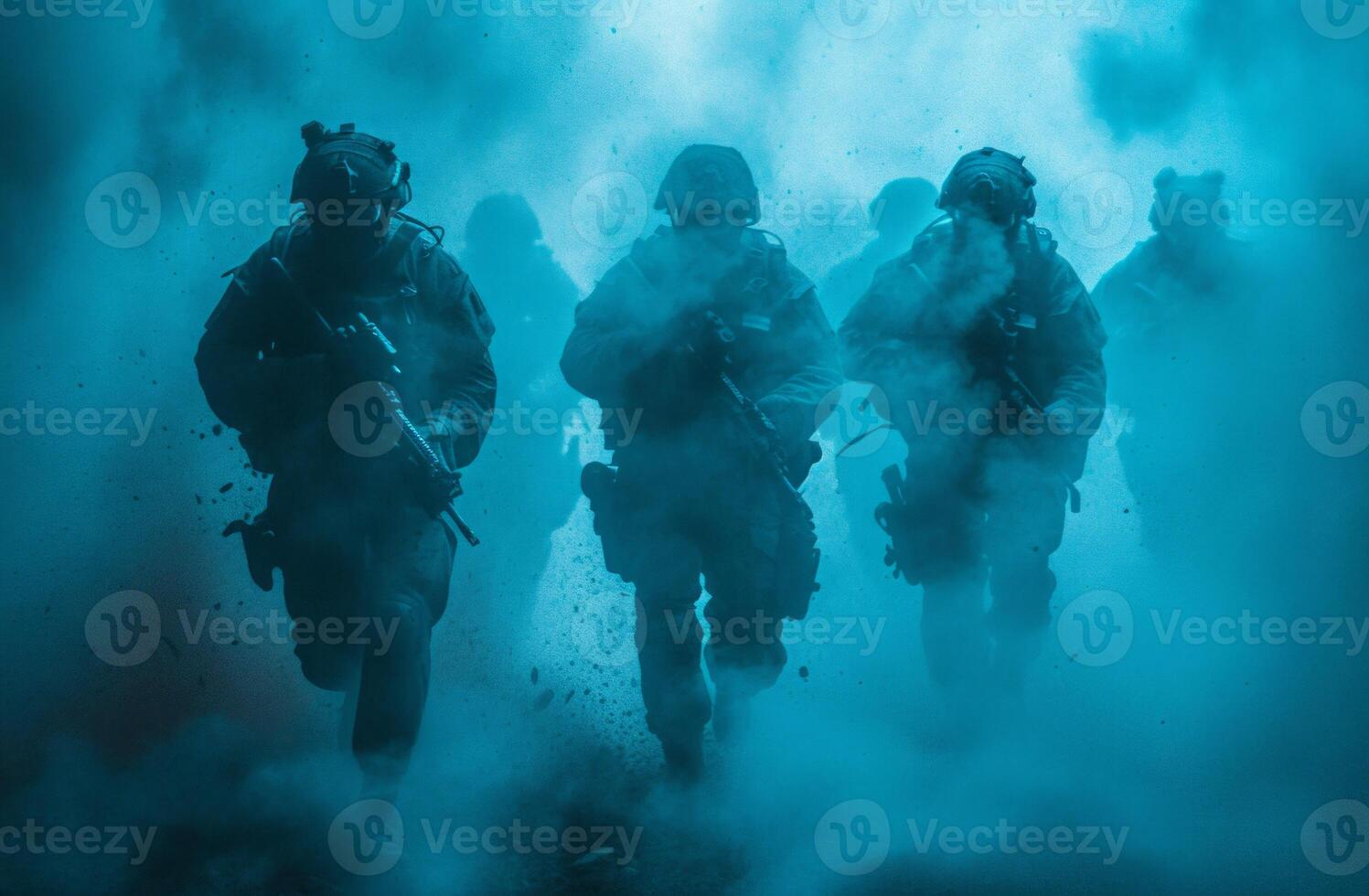 AI generated Group of soldiers are training and fighting in a hallway with smoke photo