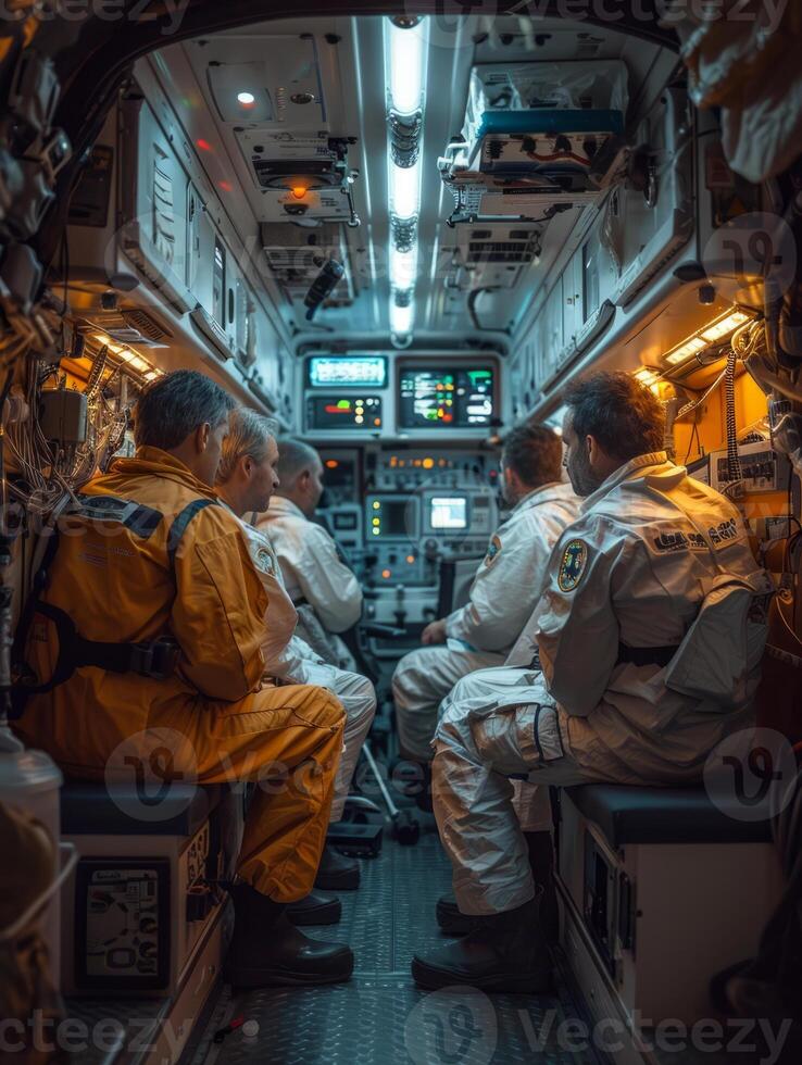 ai generado astronautas son sentado en astronave y mirando a el pantalla foto