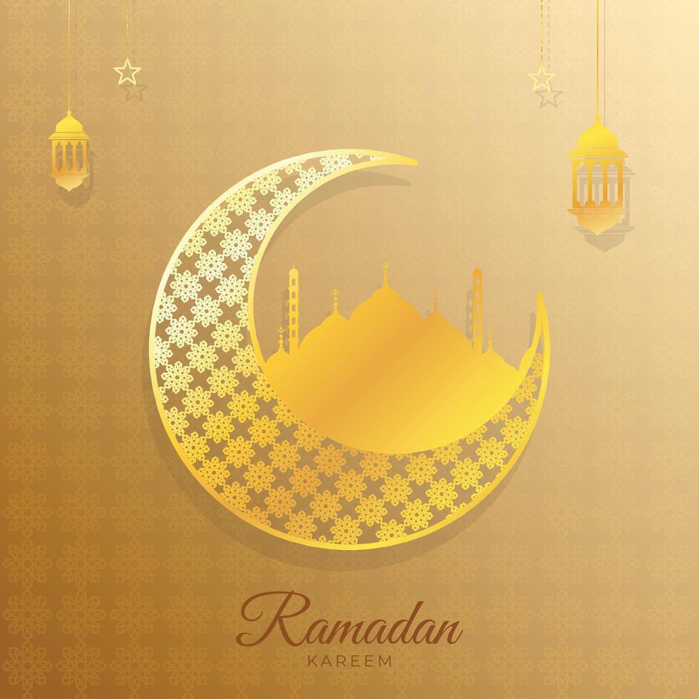 Ramadan Kareem islamic design crescent moon and golden mosque silhouette with arabic pattern vector