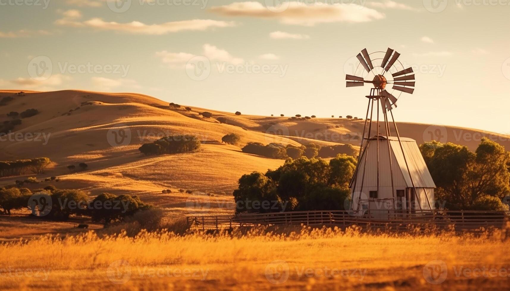 AI generated Rural sunset windmill, meadow, wind power, tranquil scene, beauty in nature generated by AI photo