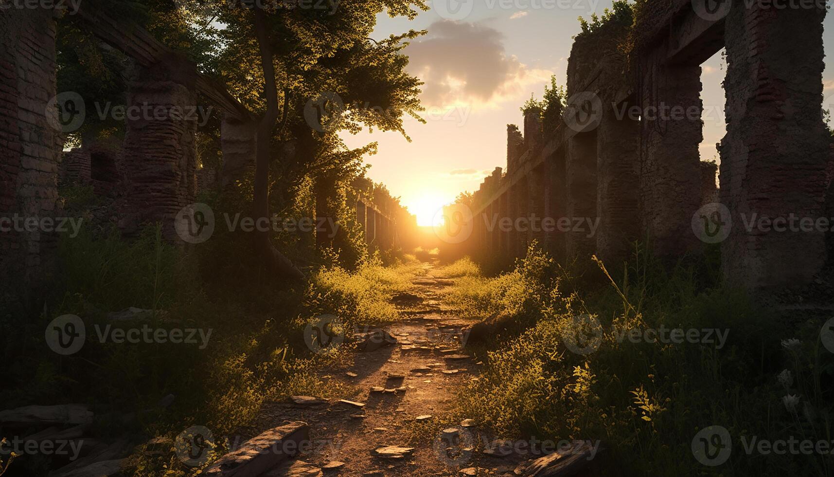AI generated Sunset over old ruins, nature beauty reveals ancient history generated by AI photo