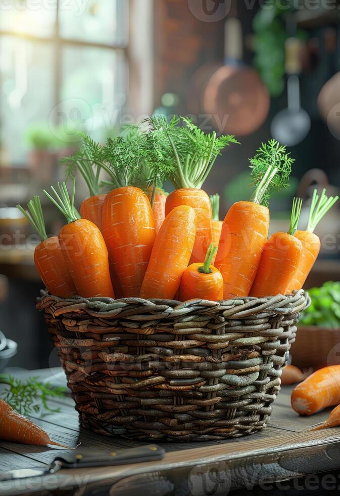 AI generated Fresh organic carrots in basket. Basket of carrots at a kitchen table photo