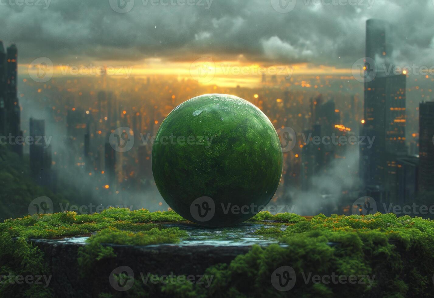 AI generated Green globe on the peak of the hill. Green ball on a rim with a cityscape photo
