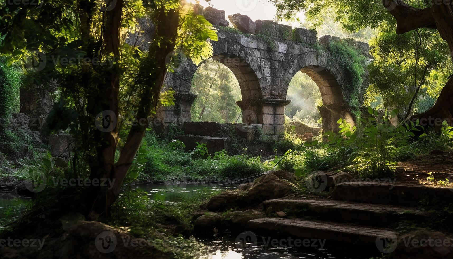 AI generated Ancient stone bridge connects history and nature in mysterious forest generated by AI photo