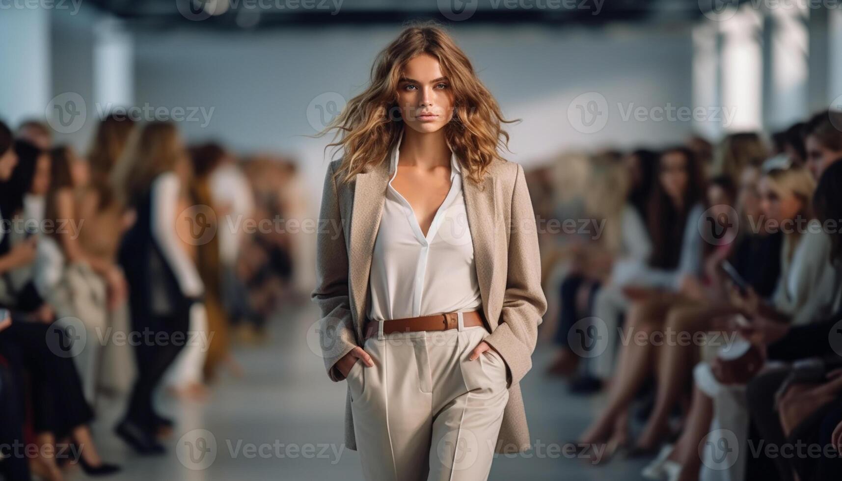 AI generated A confident young woman in a fashionable suit walking in the city generated by AI photo