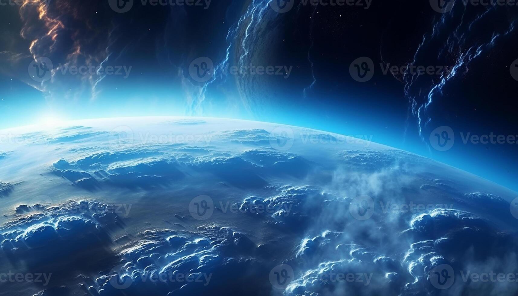 AI generated Blue planet orbits in the stratosphere, glowing with futuristic technology generated by AI photo