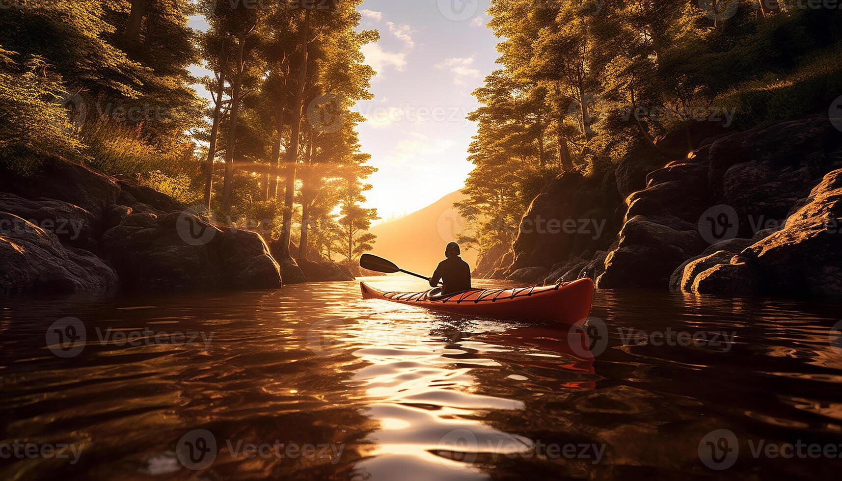 AI generated A serene sunset rowing adventure, nature beauty in tranquil leisure generated by AI photo