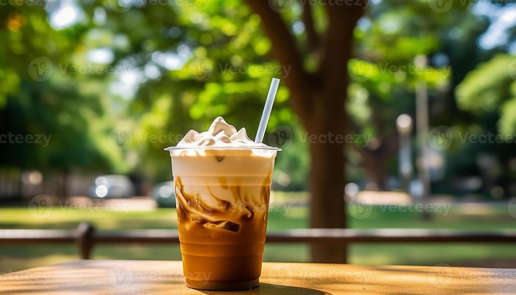 AI generated Freshness in nature coffee, ice, milk, wood, summer, outdoors generated by AI photo