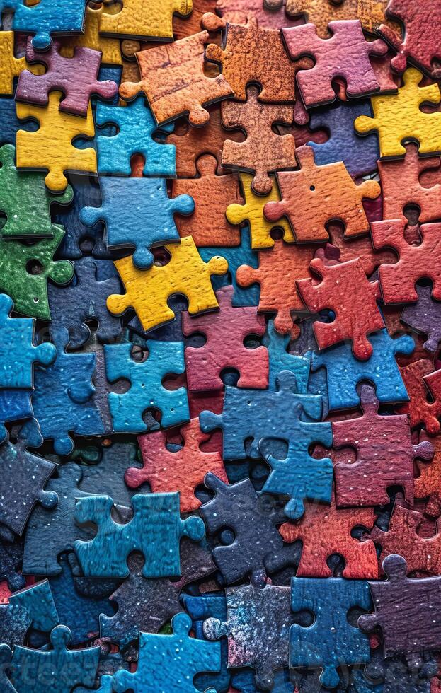 AI generated Jigsaw puzzle pieces scattered on surface photo