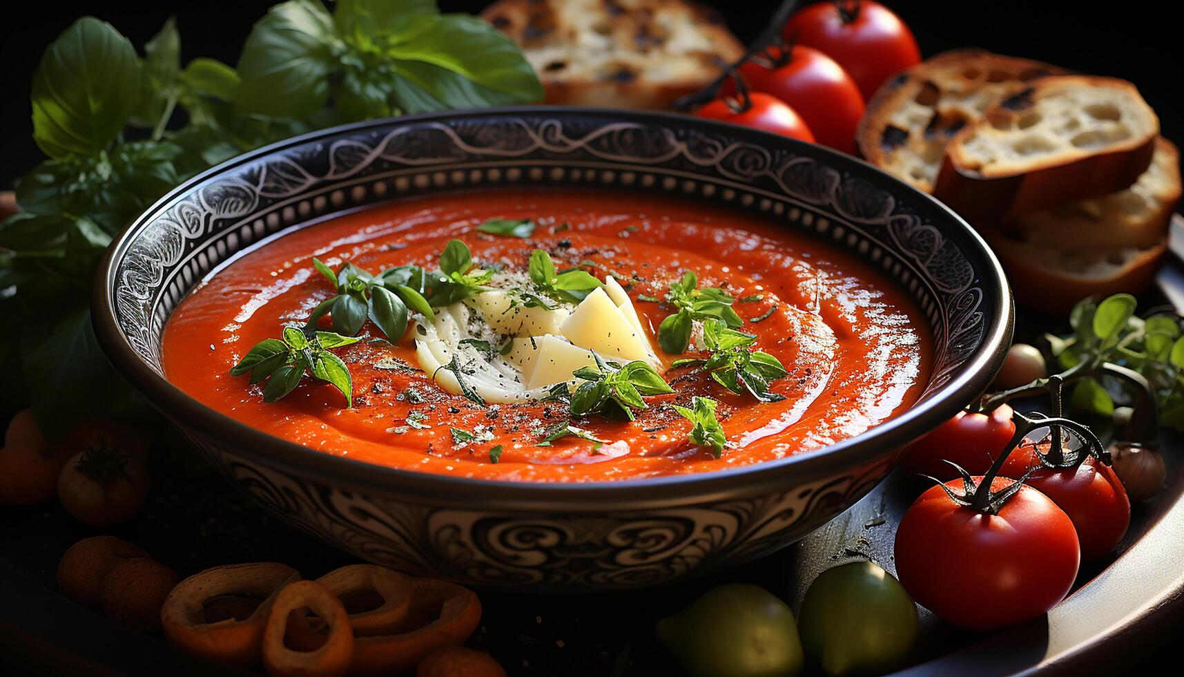 AI generated Fresh tomato soup, a healthy vegetarian meal with homemade bread generated by AI photo