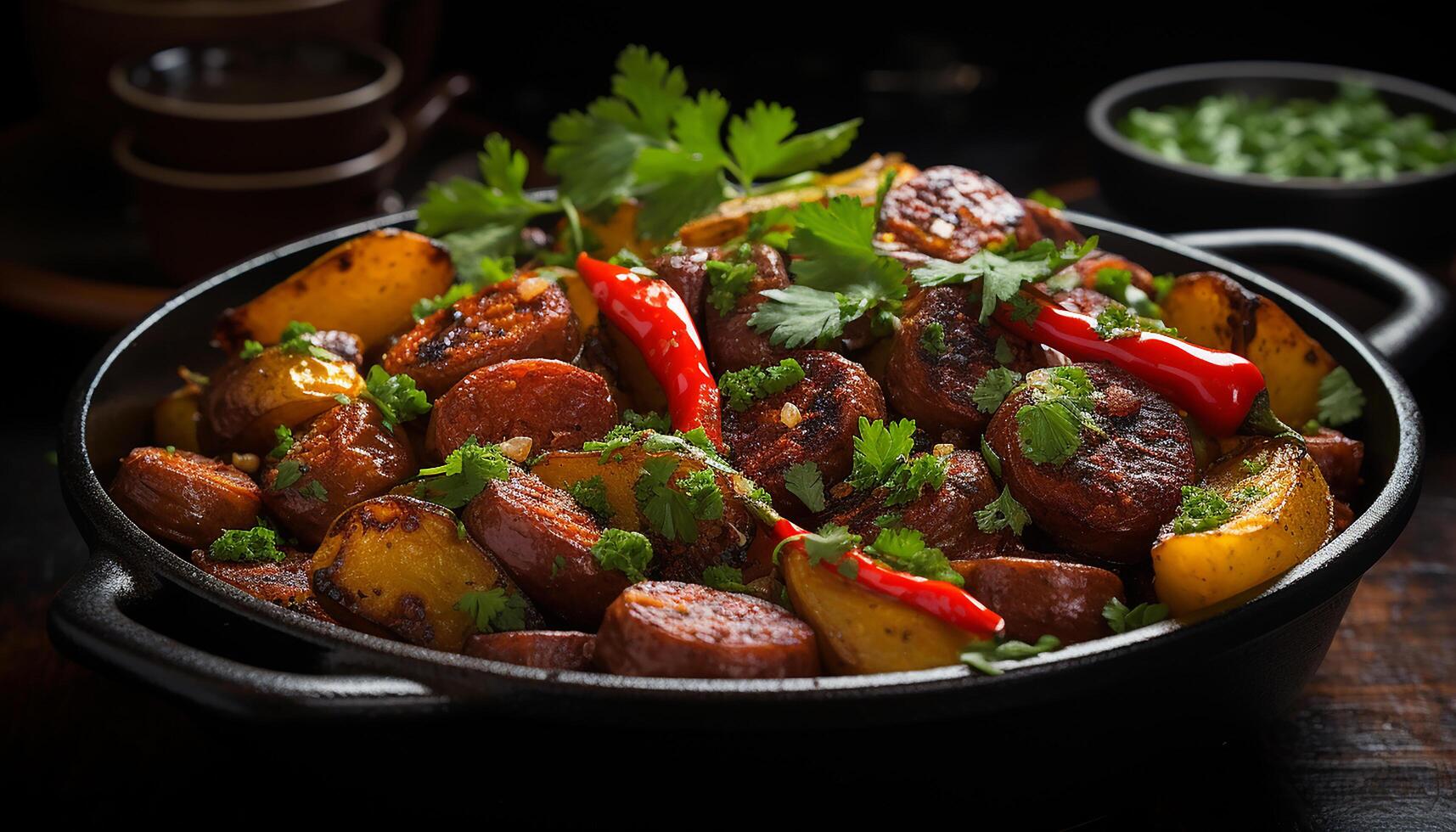 AI generated Grilled meat and vegetables on a rustic wooden plate generated by AI photo