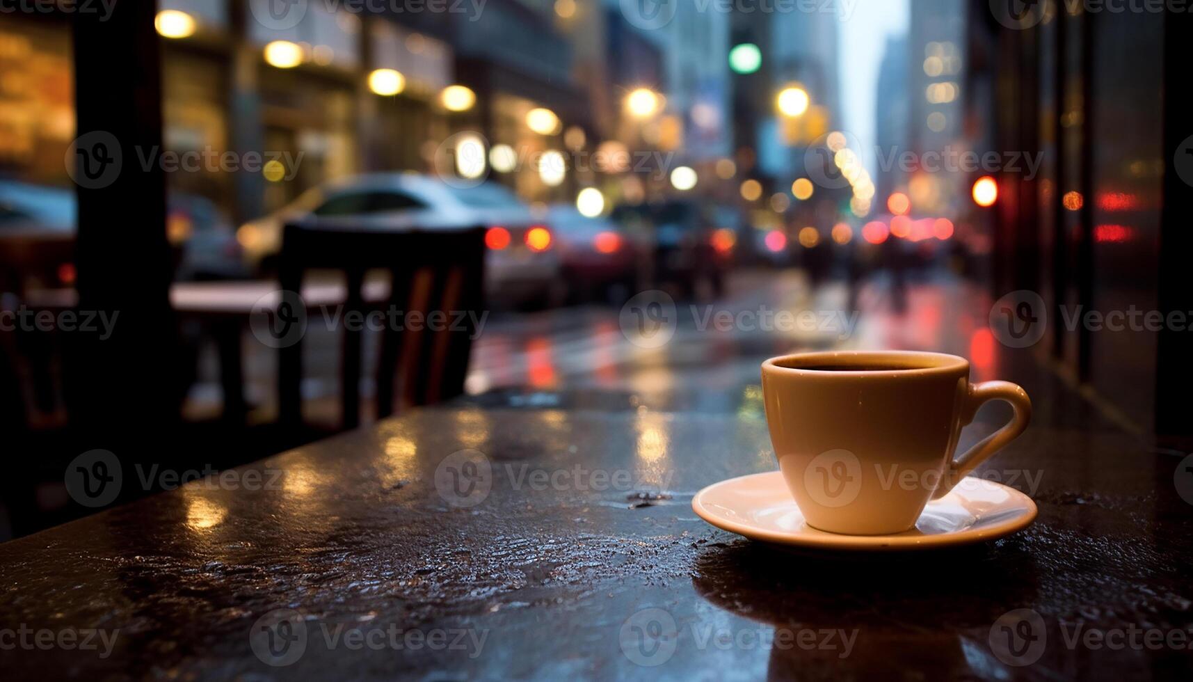 ai generado café tienda a noche, paisaje urbano en fondo, caliente bebida en mesa generado por ai foto