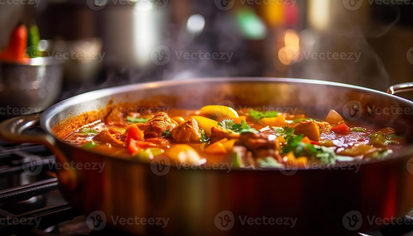 AI generated Healthy vegetarian meal cooked on stove with fresh vegetables and spices generated by AI photo