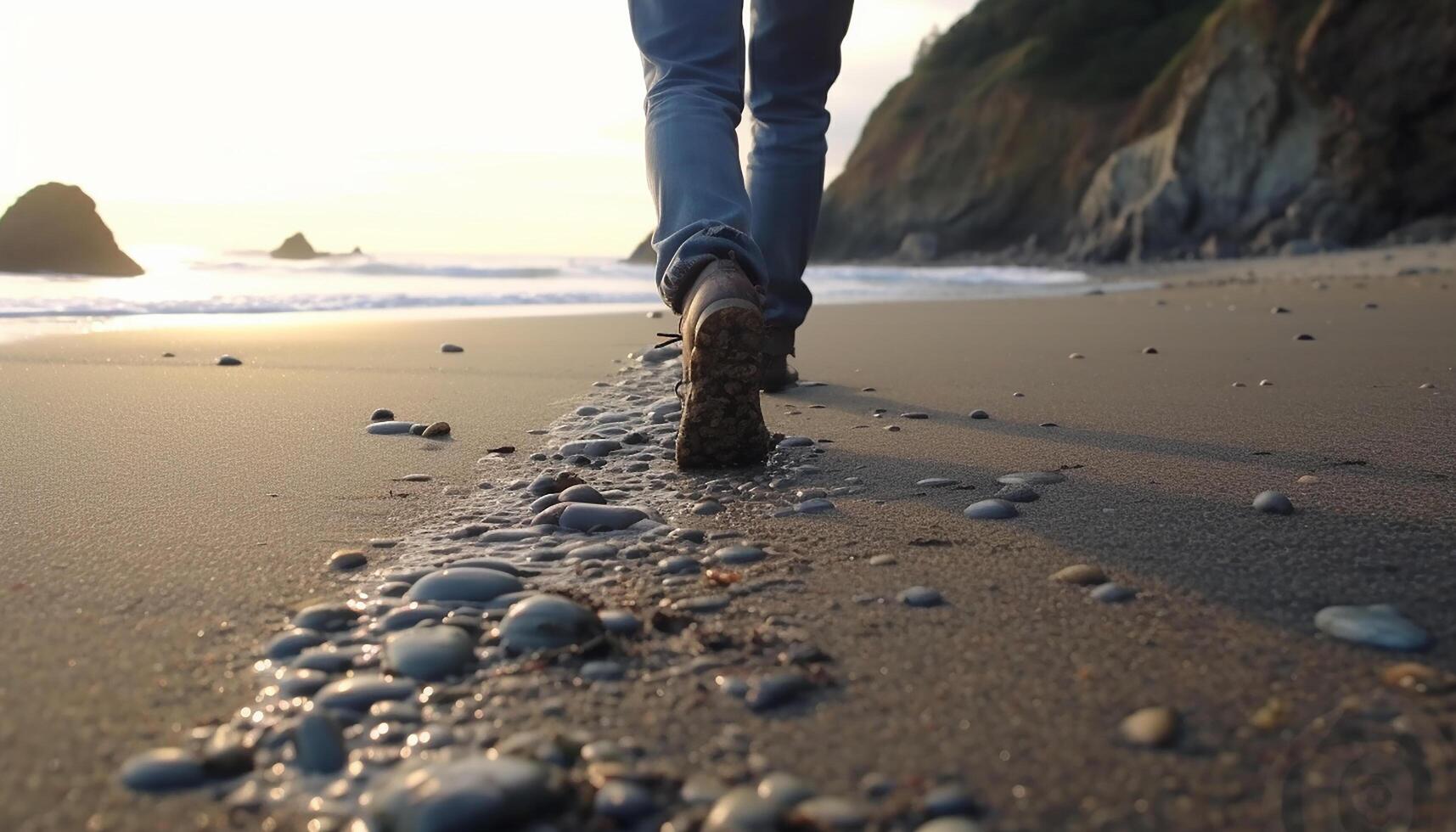 AI generated One person walking on the coastline, enjoying the sunset generated by AI photo