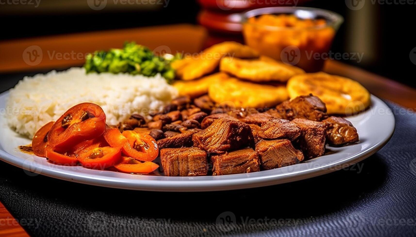 AI generated Grilled meat, fresh vegetables, cooked rice a healthy meal generated by AI photo