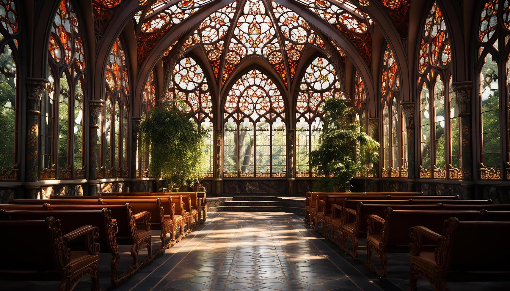 AI generated Ancient Gothic chapel with stained glass, illuminated by elegant windows generated by AI photo