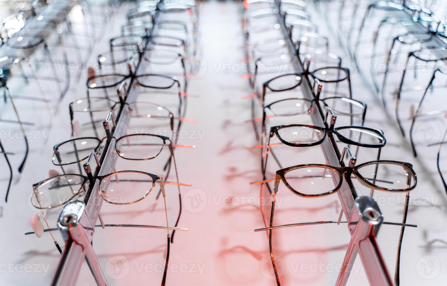 Eyeglasses show products on the shelf. Glasses multiple design. photo