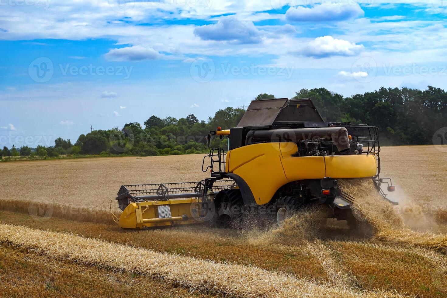 Great combine harvester working at the field. Agricultural machine on the blue sky. photo