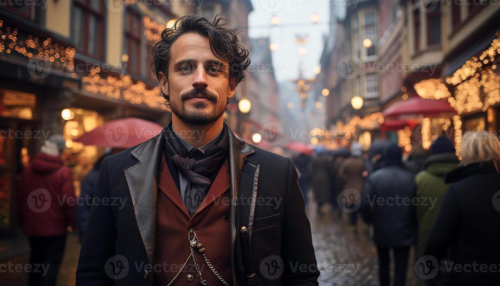 ai generado confidente joven hombre en de moda traje caminando mediante iluminado ciudad generado por ai foto